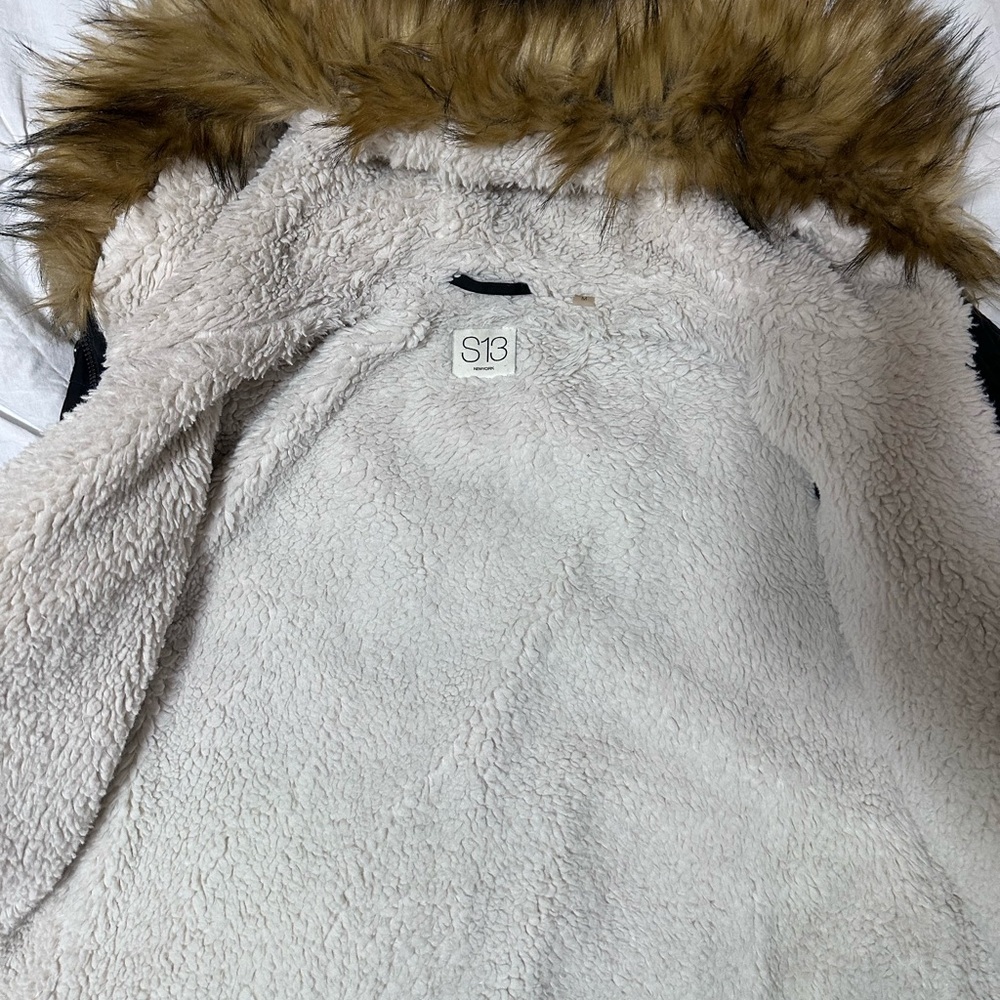 S13 Women's Bomber Jacket with Faux Fur Hood - Black and Brown